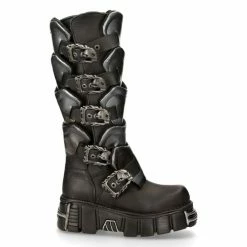 Bon marché 🔥 Bottes Hautes New Rock Metallic En Cuir Itali Noir Et Pulik Gris Noir 🔔
