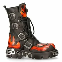 Coupon 🌟 Bottes New Rock Metallic En Cuir Itali Noir Avec Flammes Et Diable En Cuir Pulik Feu Orange ✨