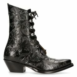 Sortie 😍 Bottines New Rock En Cuir Vintage Flower Noir Noir 🎁